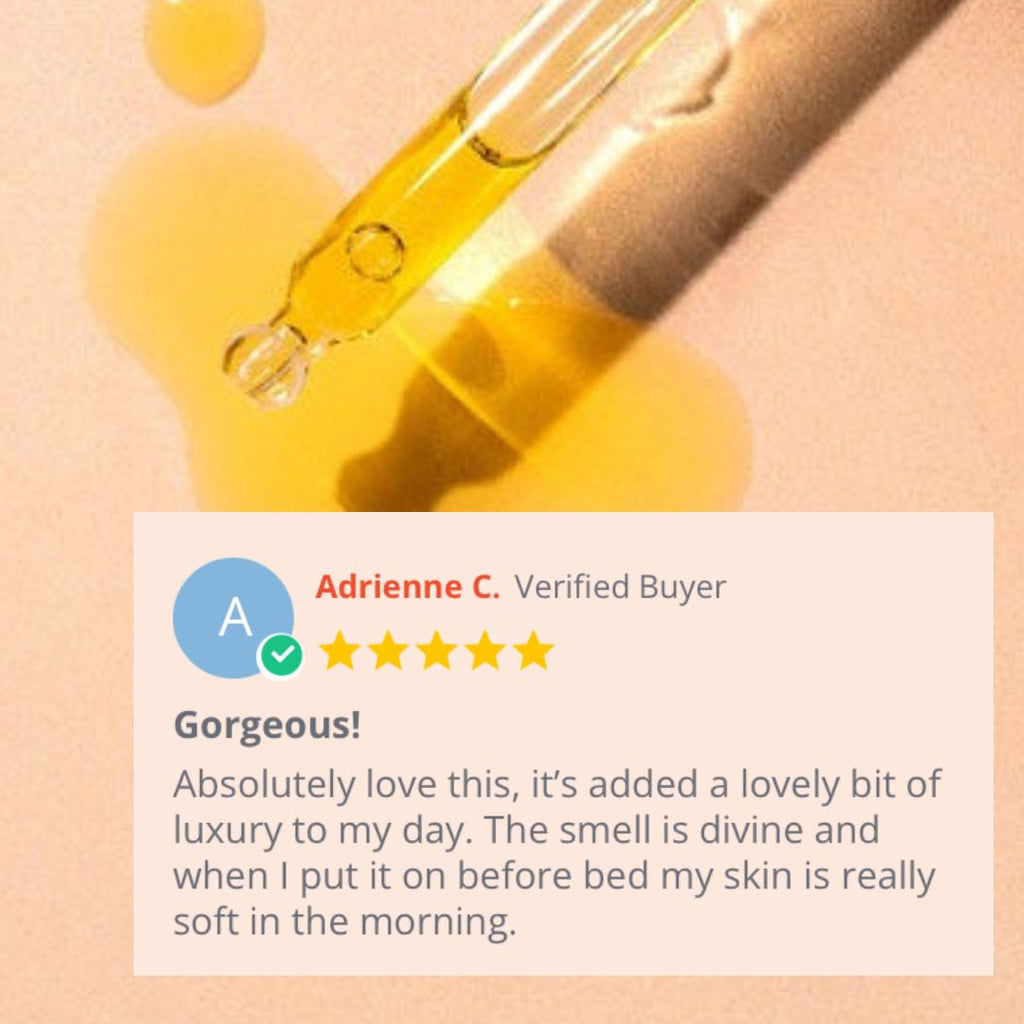 customer testimonial and star ratings praising Restore Radiance Booster natural facial oil.