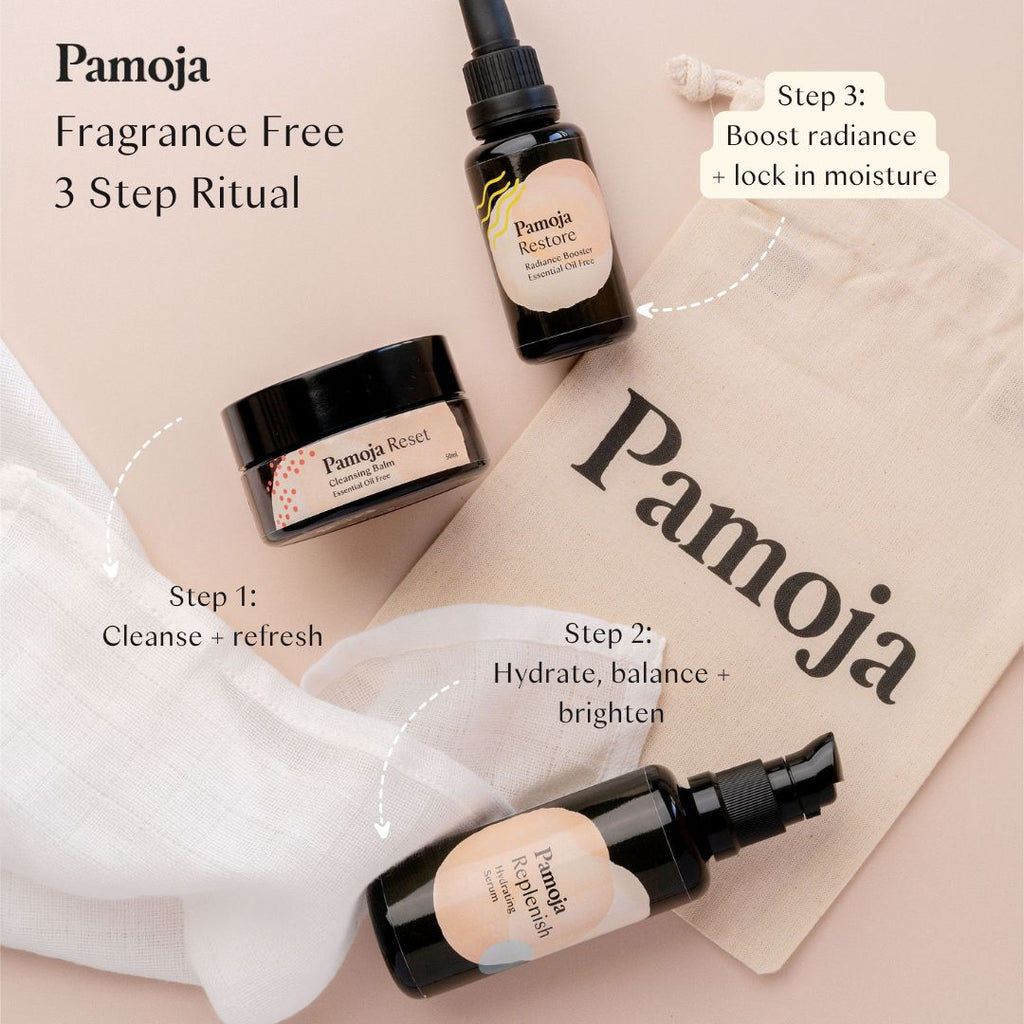 Flat lay of 3 fragrance free pamoja products on a neutral background
