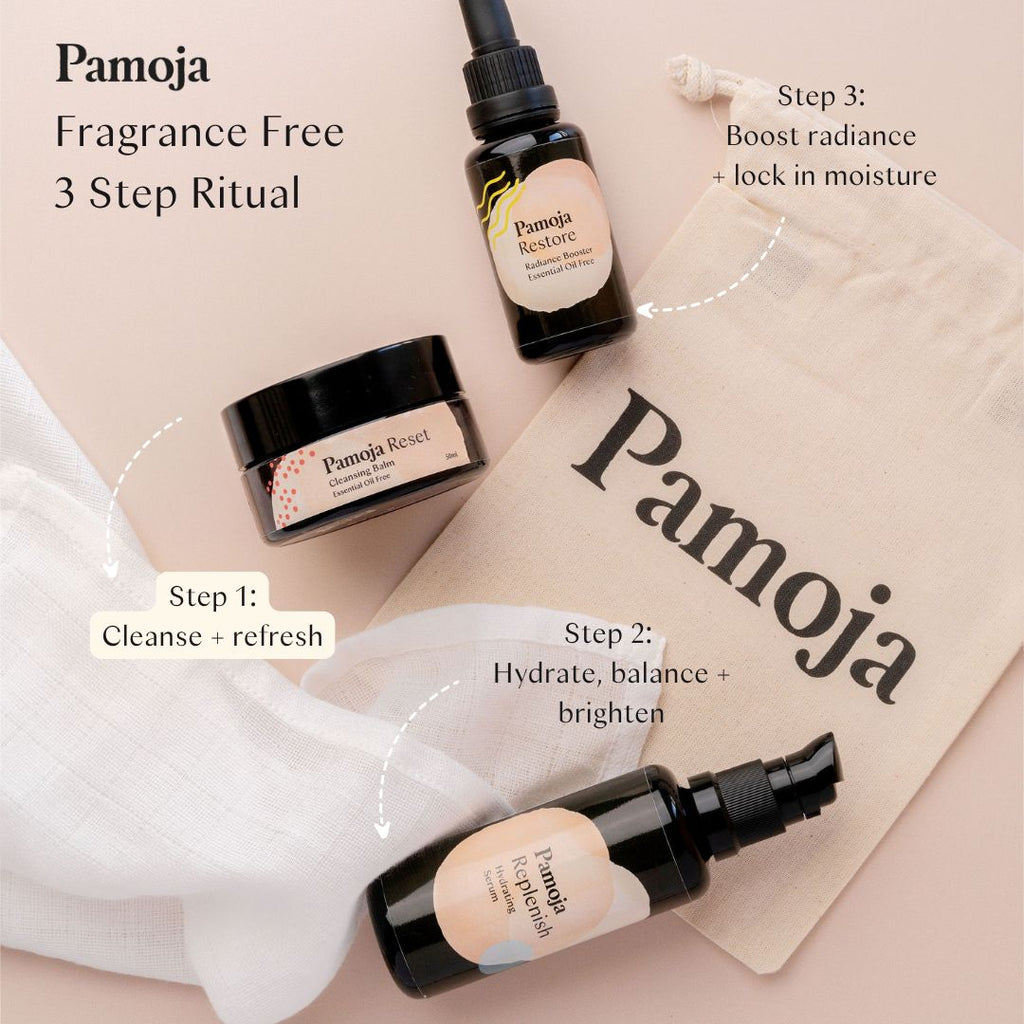 Flat lay of 3 fragrance free pamoja products on a neutral background