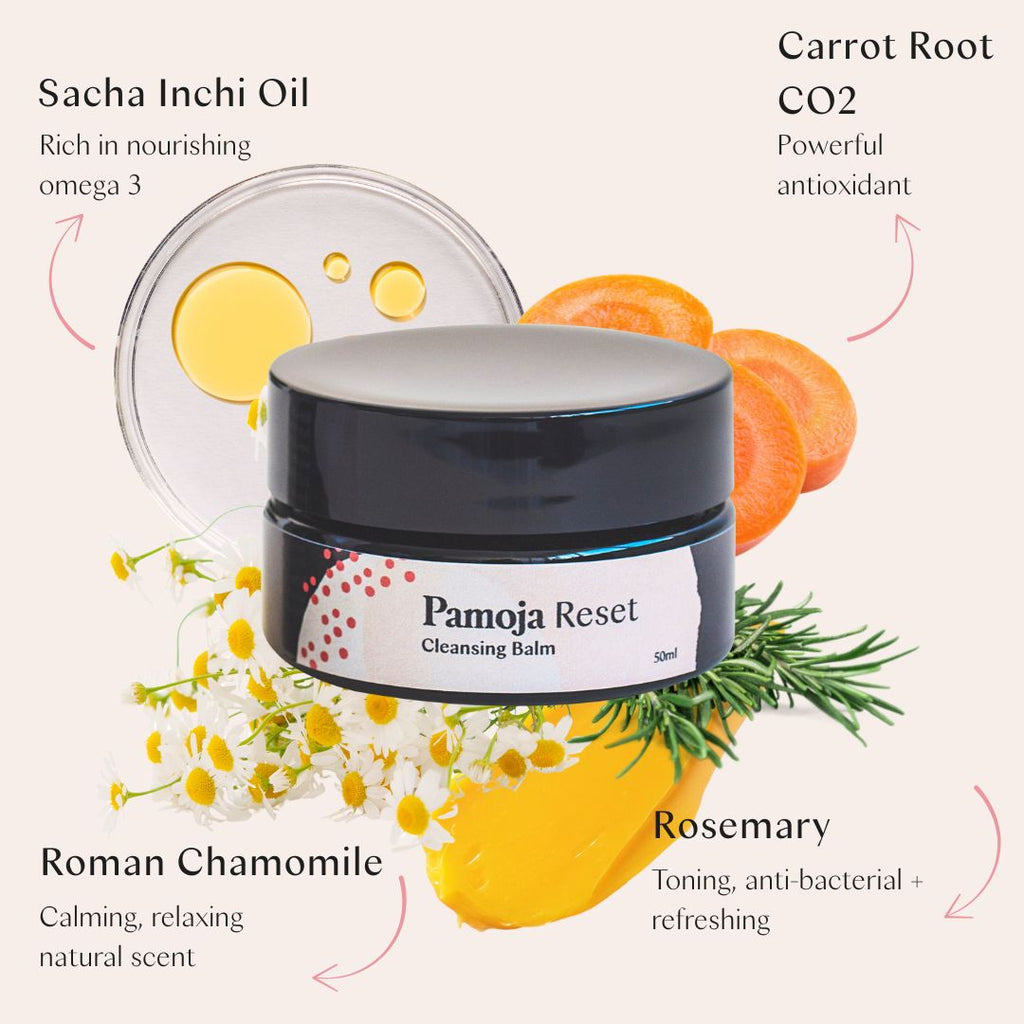 Pamoja Reset Cleansing Balm with ingredients like Sacha Inchi Oil, Carrot Root CO2, Roman Chamomile, and Rosemary on a white background.