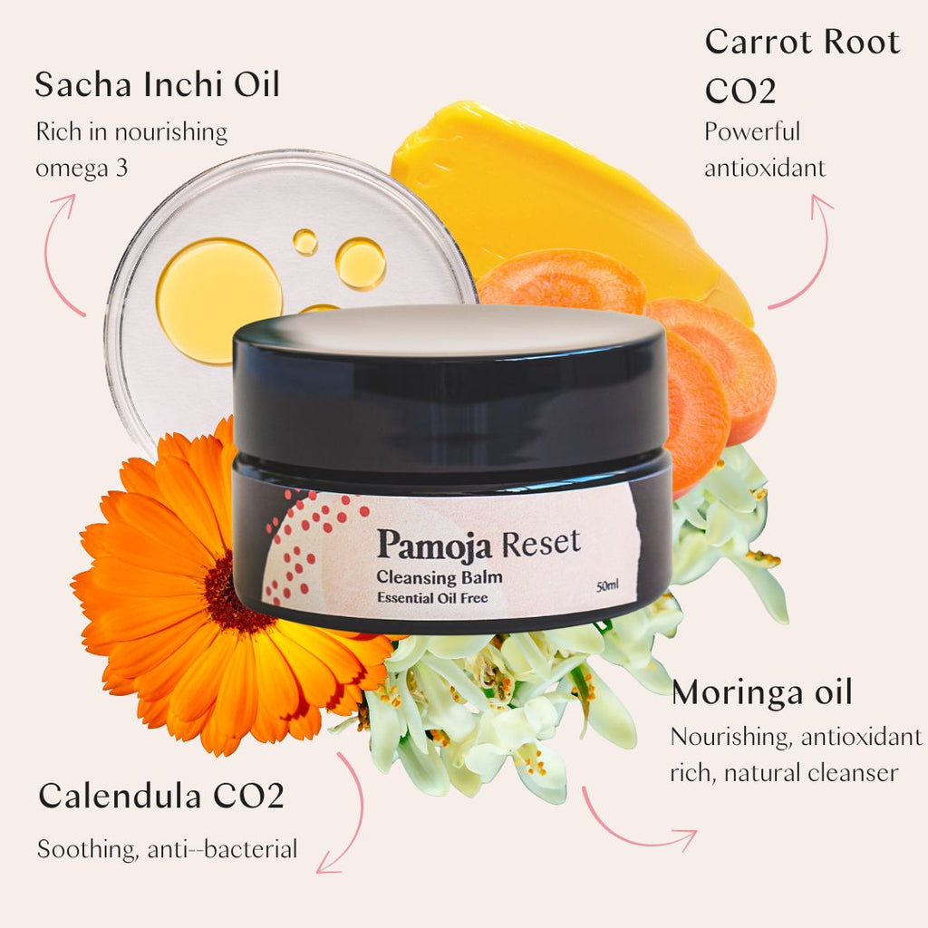 Pamoja Reset cleansing balm with ingredients like Sacha Inchi Oil, Carrot Root CO2, and Moringa oil on a white background.