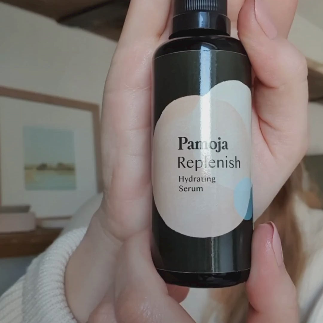 Video of a woman applying the Pamoja hydrating face serum to her skin.